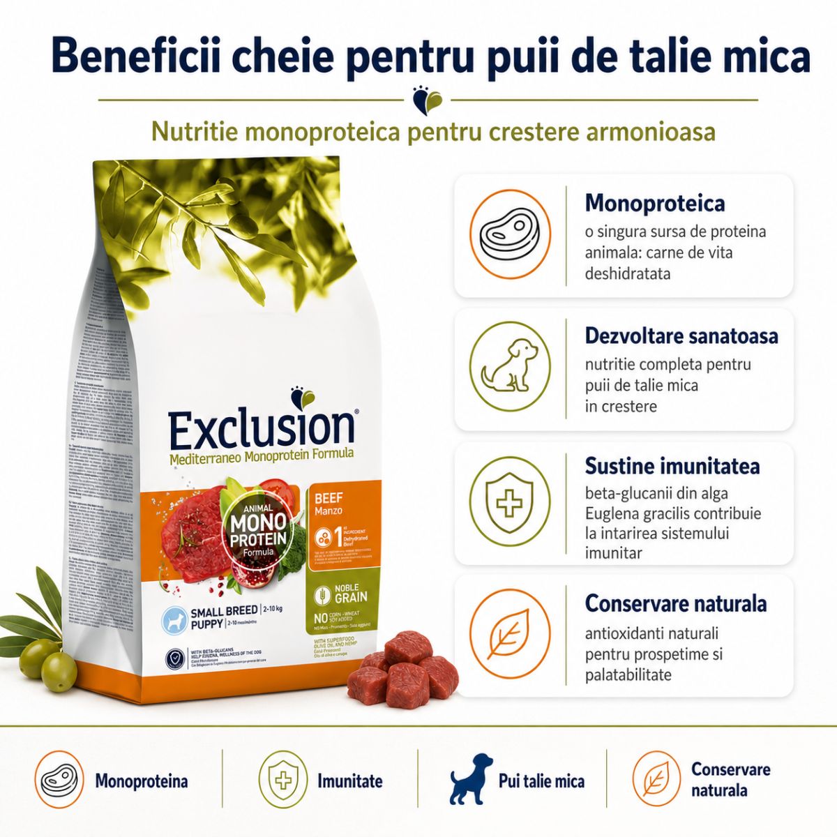 EXCLUSION Mediterraneo Monoprotein Puppy Small Breed, XS-S, Vită, hrană uscată monoproteică câini junior, 7kg